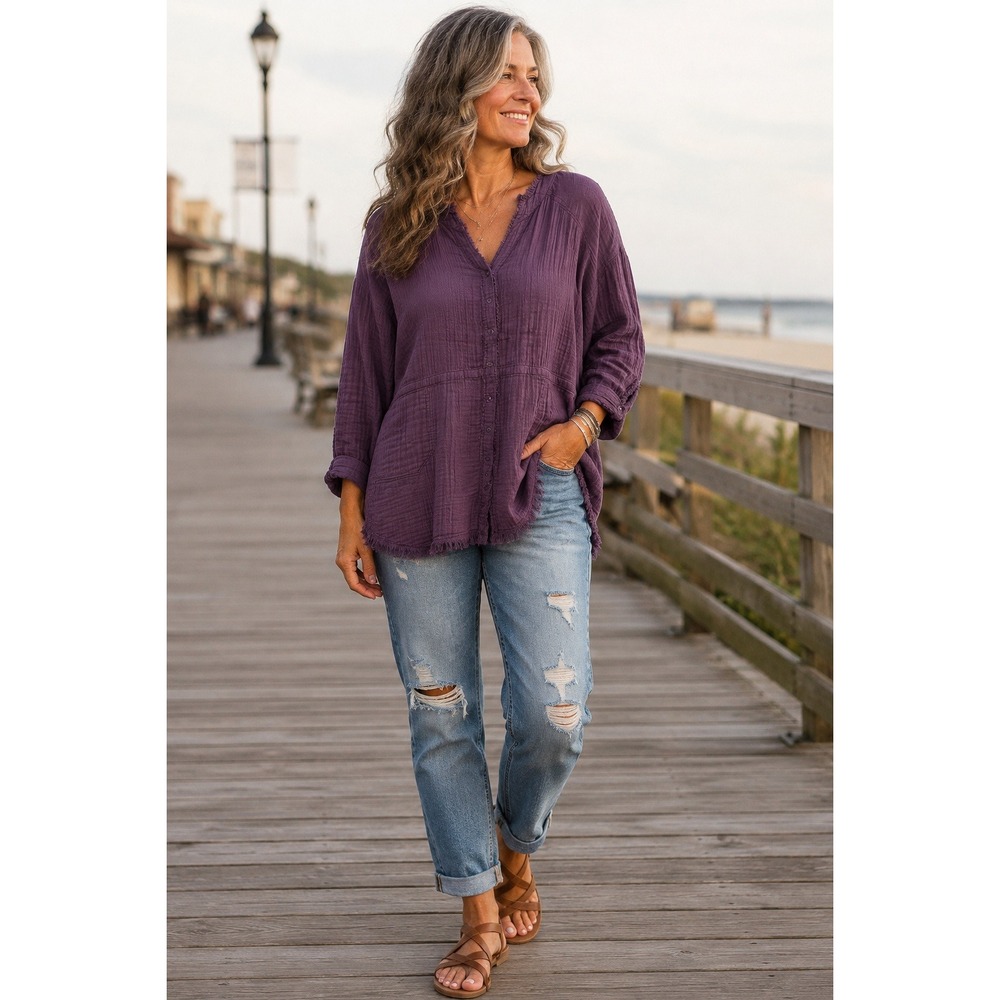 Natural Life Double Gauze Tunic Top Sz M Purple Button Down In Seam Pockets